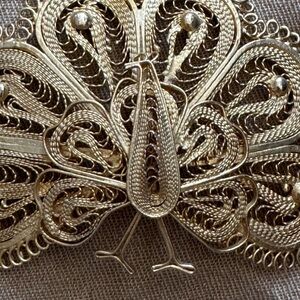 Vintage Gold Tone Filigree Peacock Statement Pendant Necklace